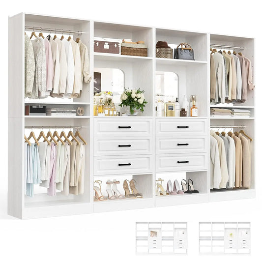 100" Wood Closet Organizer System with Drawers Mirror Adjustable Shelves Hanging Rods Freestanding Walk-in Wardrobe, Customized