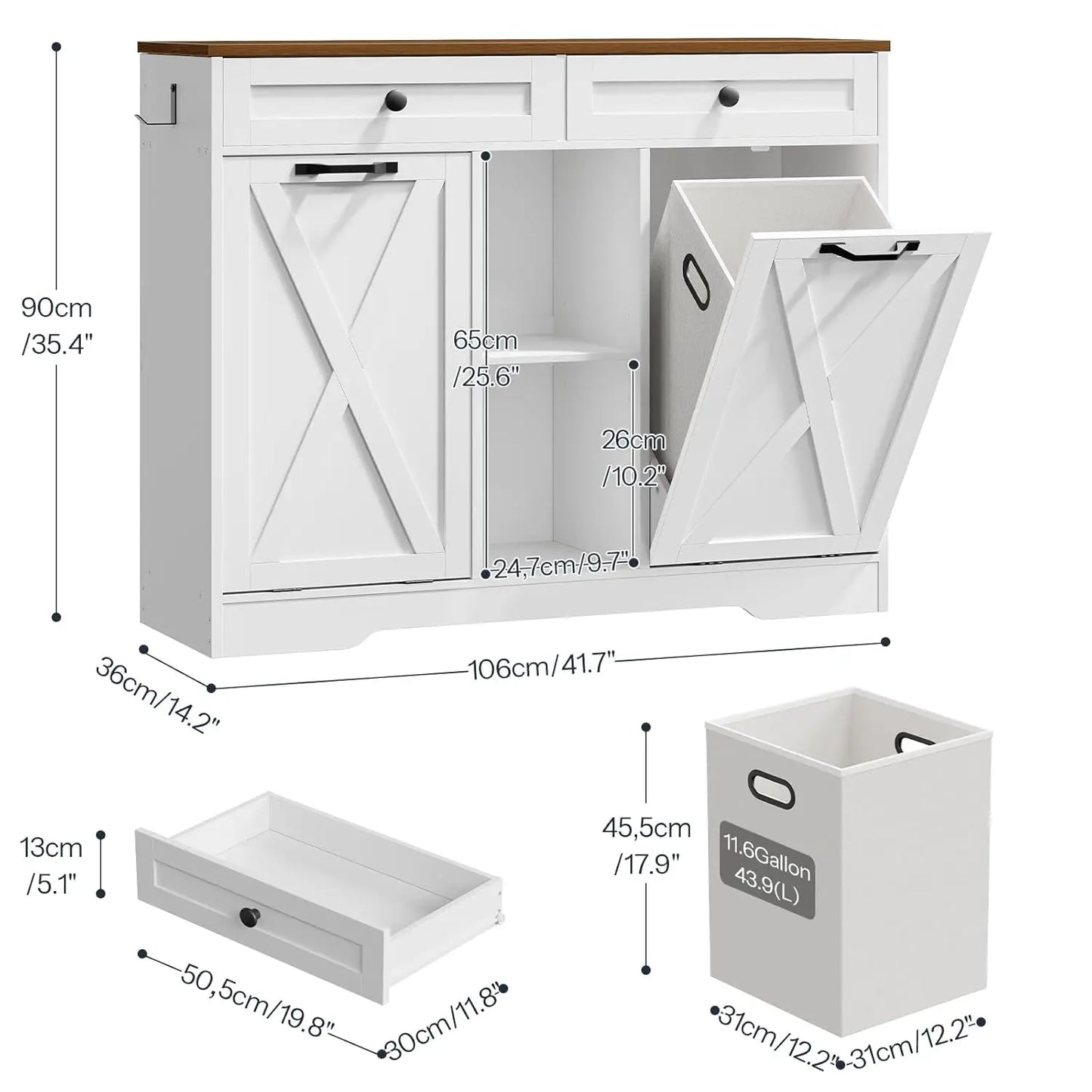Double Tilt Out Laundry Hamper Cabinet, 23 Gallon Farmhouse Trash Can Cabinet with 2 Drawers and Open Shelving, Customized