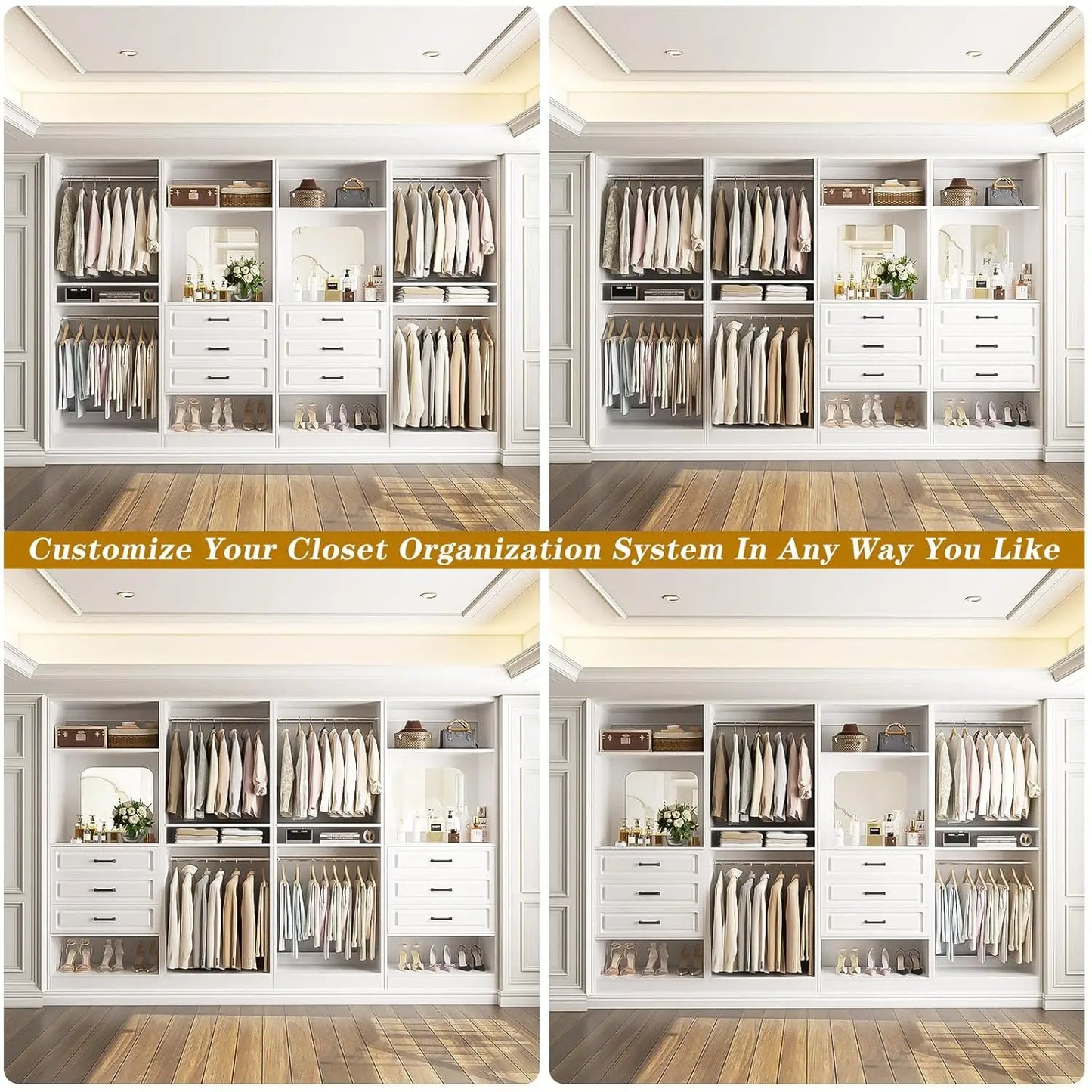 100" Wood Closet Organizer System with Drawers Mirror Adjustable Shelves Hanging Rods Freestanding Walk-in Wardrobe, Customized