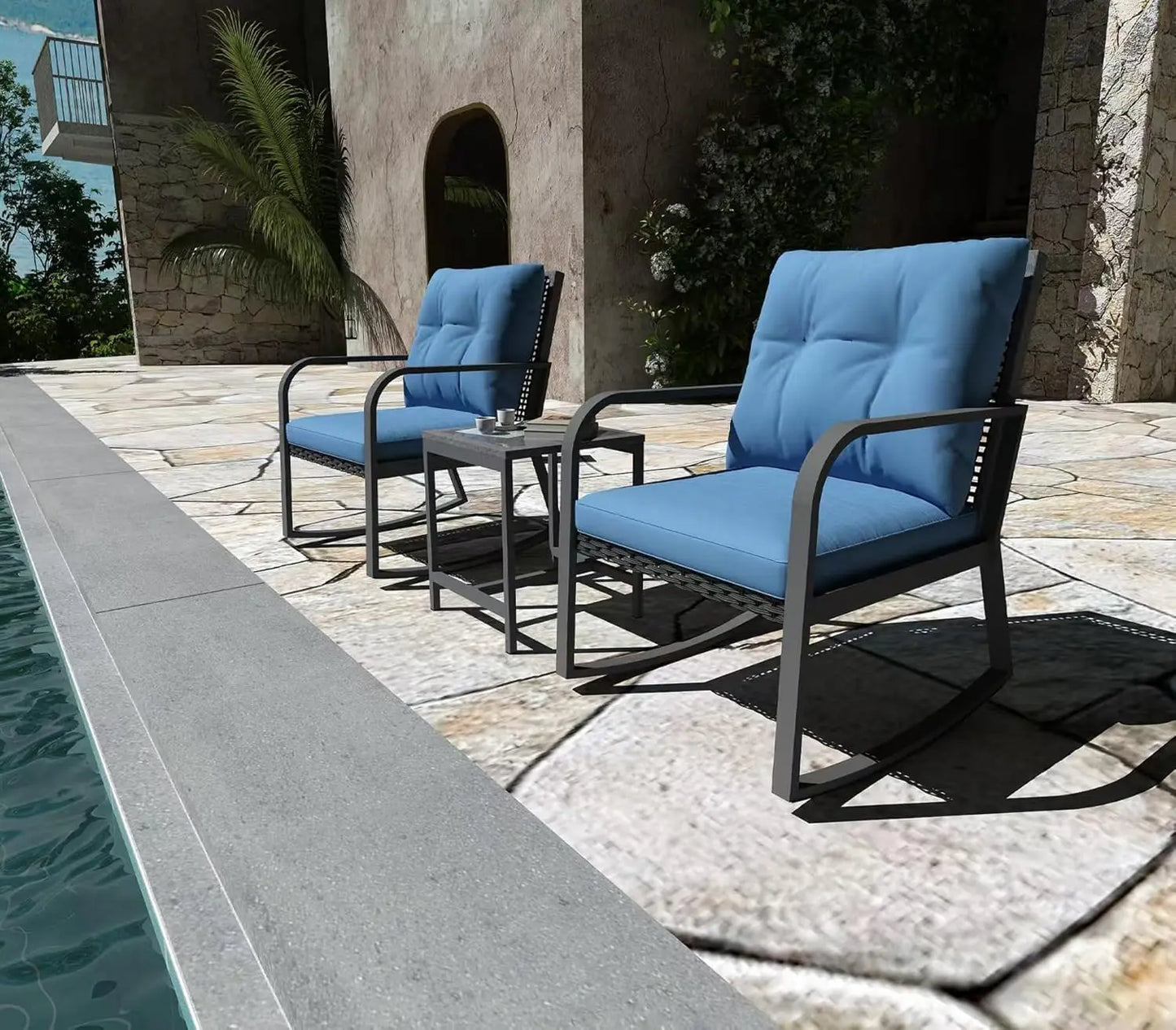 Bistro 3 Piece Patio Furniture Set, Patio Table and Rattan Outdoor Rocking Chairs Set of 2, Outdoor Bistro, Customized