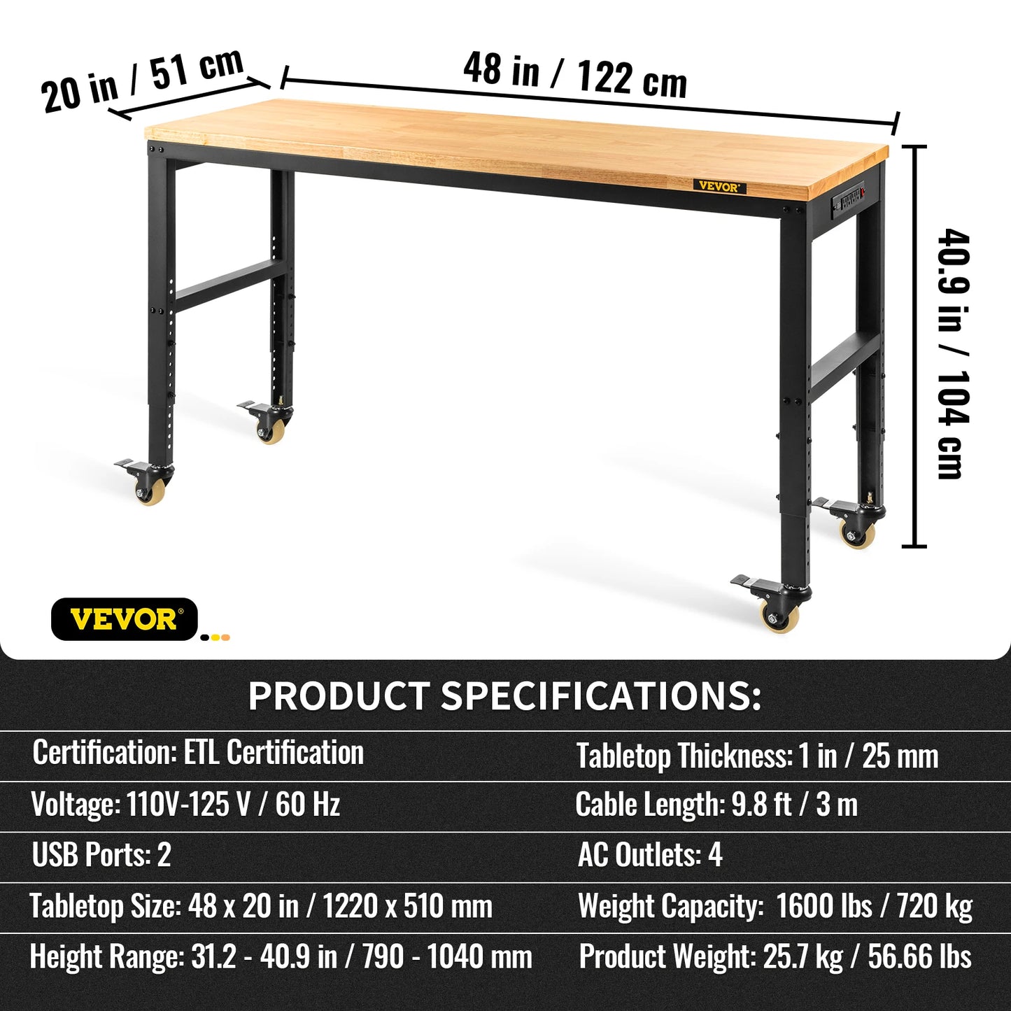 SucceBuy Multi Adjustable Workbench Woodworking Hardwood Work Bench with Power Outlets Foot Pads for Workshop Office Home Use