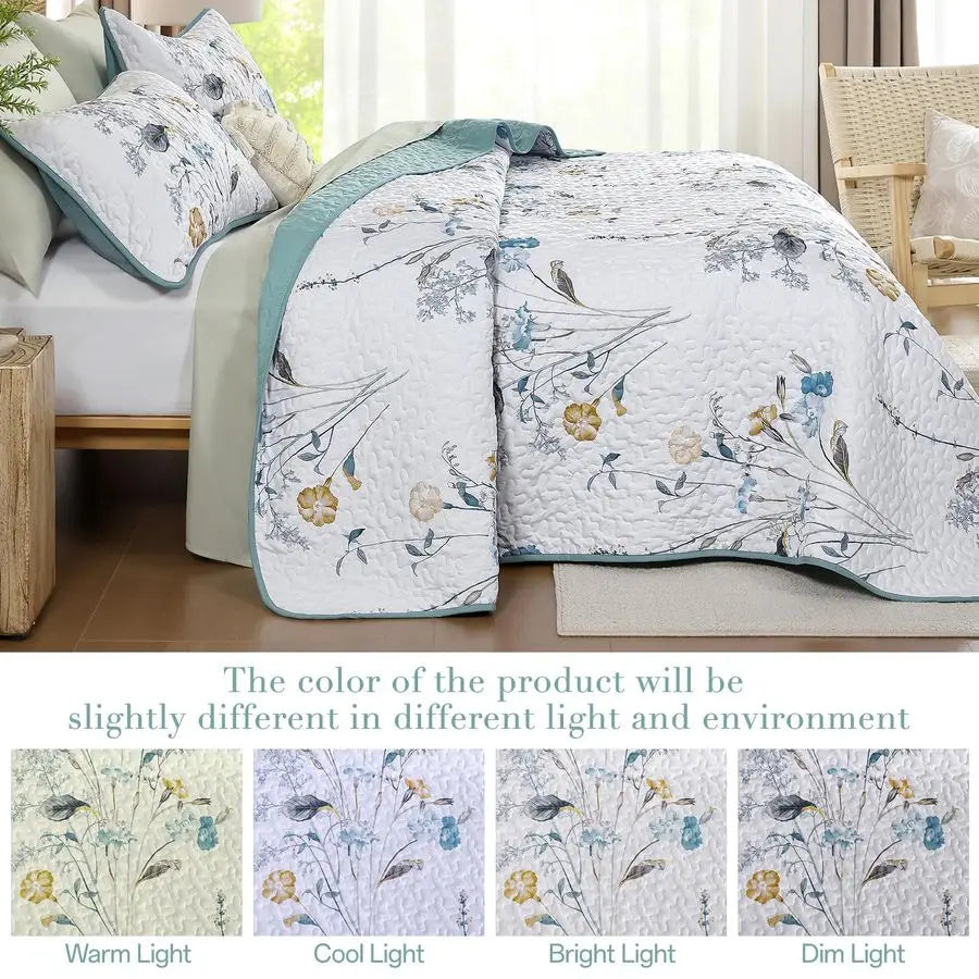 Teal Floral Quilt Set King Size, 3 Pieces Botanical Plants Pattern Bedspread Coverlet Set with 2 Pillowcases, Soft Lightweight M