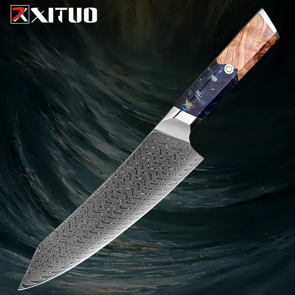 1-9 Pcs Damascus Knife Set Japanese Kitchen Knives VG10 Steel Core Ultra-Sharp Pro Chef Knife Set with Resin & Burl Wood Handles