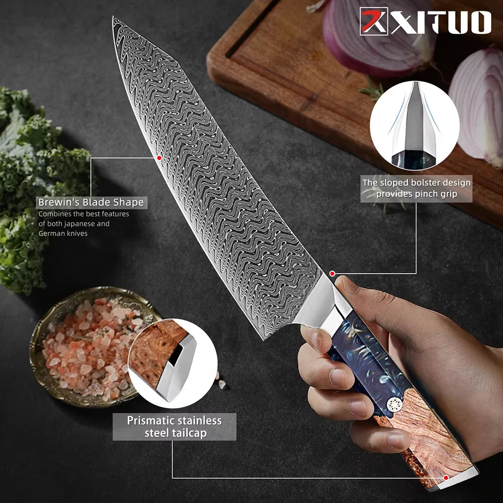 1-9 Pcs Damascus Knife Set Japanese Kitchen Knives VG10 Steel Core Ultra-Sharp Pro Chef Knife Set with Resin & Burl Wood Handles