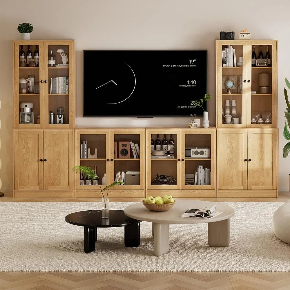 4-Piece Large TV Stand with Bookshelves for TVs up to 75, TV Entertainment Center Media Center with Tempered Glass Doors.