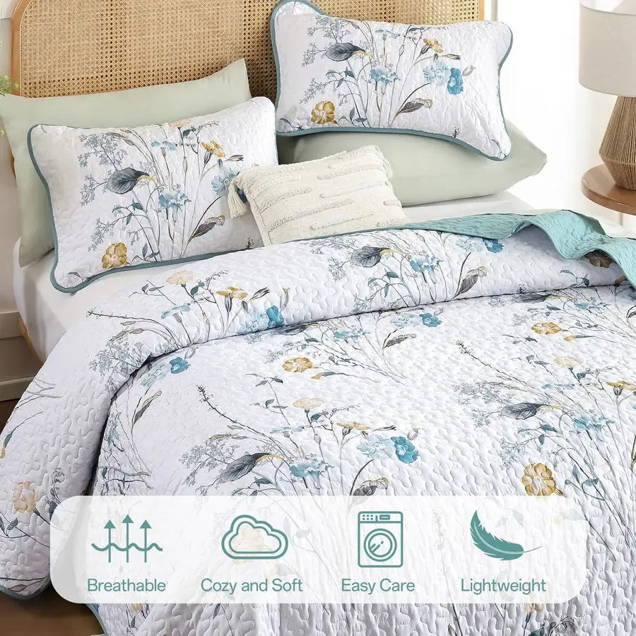Teal Floral Quilt Set King Size, 3 Pieces Botanical Plants Pattern Bedspread Coverlet Set with 2 Pillowcases, Soft Lightweight M