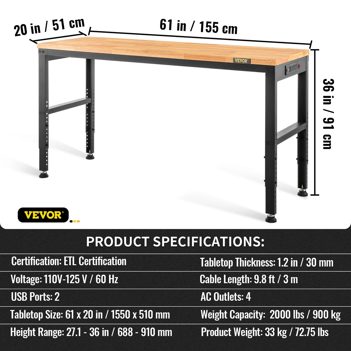 SucceBuy Multi Adjustable Workbench Woodworking Hardwood Work Bench with Power Outlets Foot Pads for Workshop Office Home Use