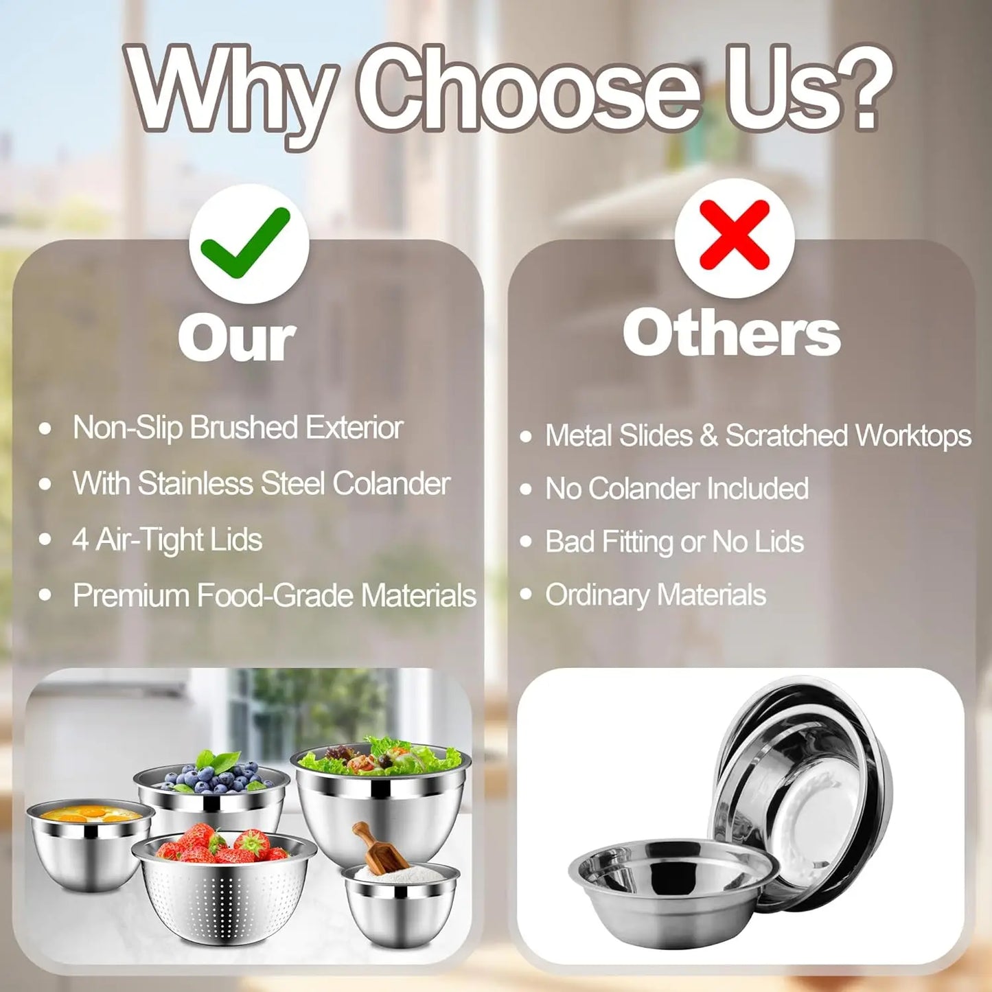 Stainless Steel Mixing Bowls with Lids, Stackable Set Includes Strainer, 5-Piece Beige Kitchenware
