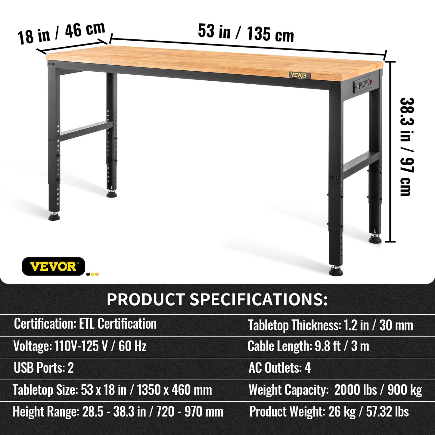 SucceBuy Multi Adjustable Workbench Woodworking Hardwood Work Bench with Power Outlets Foot Pads for Workshop Office Home Use