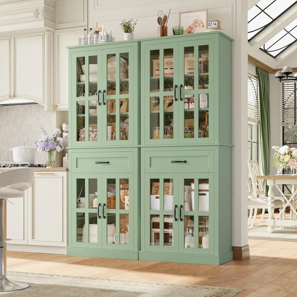 Freestanding Kitchen Pantry Cabinet With Glass Doors And Drawer