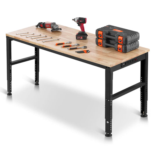 SucceBuy Multi Adjustable Workbench Woodworking Hardwood Work Bench with Power Outlets Foot Pads for Workshop Office Home Use