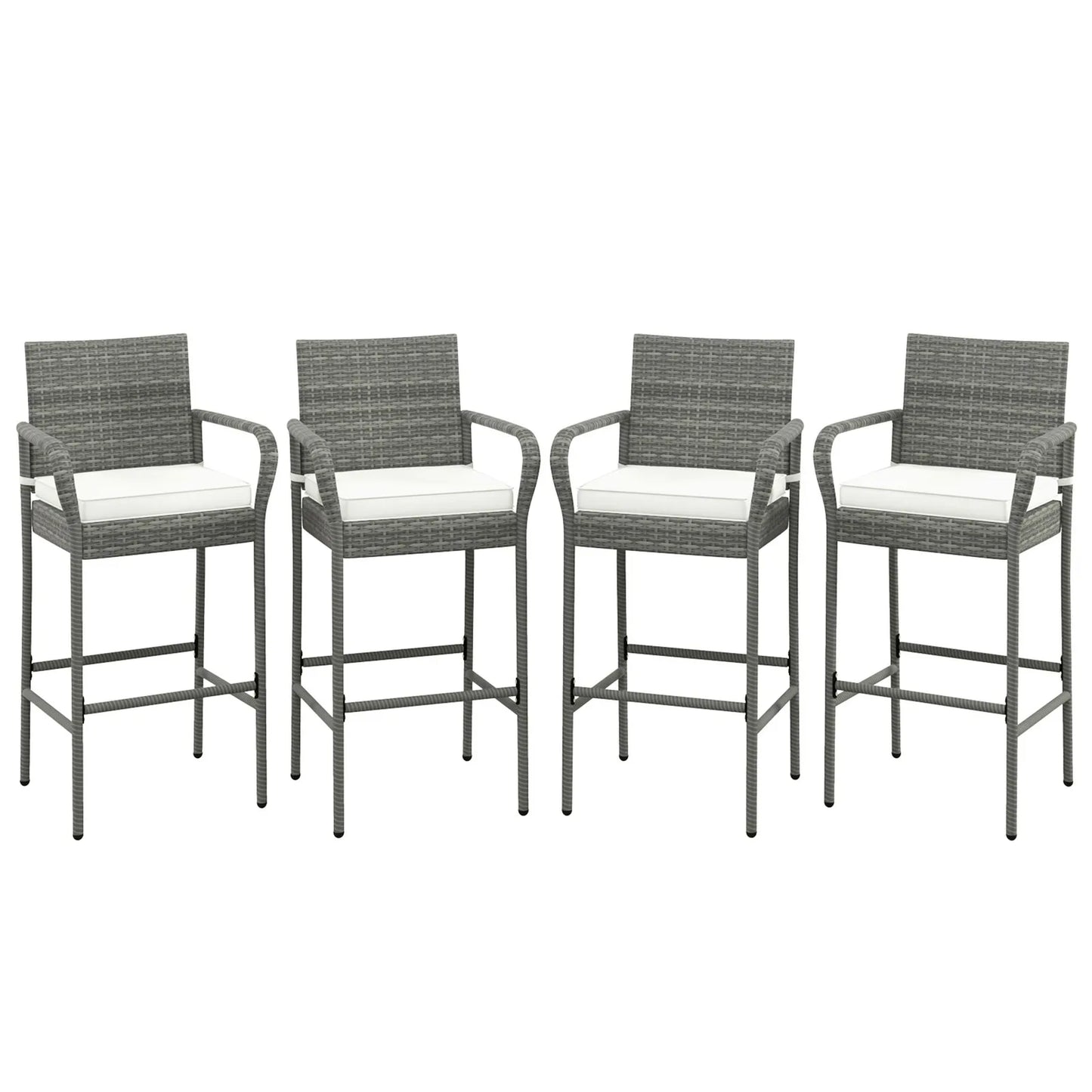 Set Of 4 Rattan Patio Bar Stools Outdoor Bar Height Chairs With Cushions