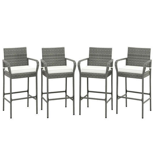 Set Of 4 Rattan Patio Bar Stools Outdoor Bar Height Chairs With Cushions