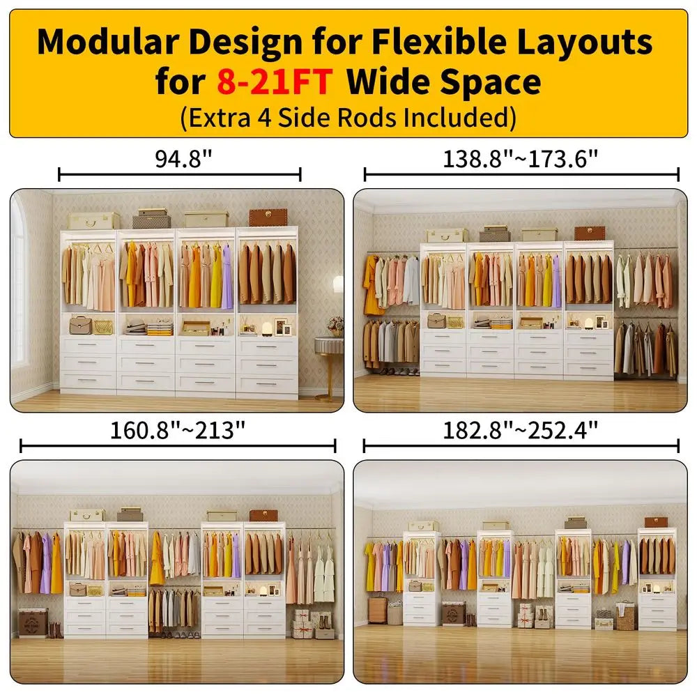 System Set of 4, 8FT21FT Closet System with 12 Drawers amp 8 Hanging Rods Adjustable, Walk in Closet Organizer System Wood with