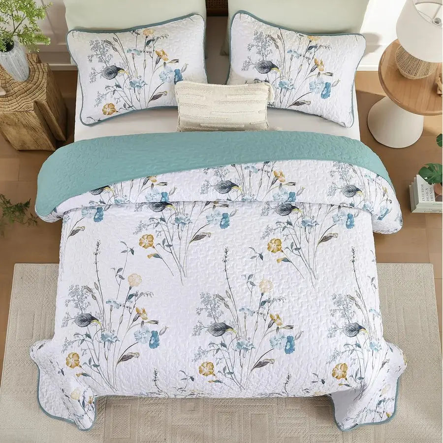 Teal Floral Quilt Set King Size, 3 Pieces Botanical Plants Pattern Bedspread Coverlet Set with 2 Pillowcases, Soft Lightweight M