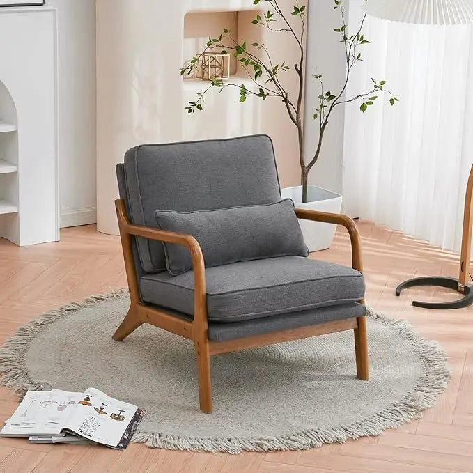 Mid-Century Modern Accent Chair, Living Room Chairs with Pillow Corduroy Upholstered Lounge Armchair with Solid Wood Frame