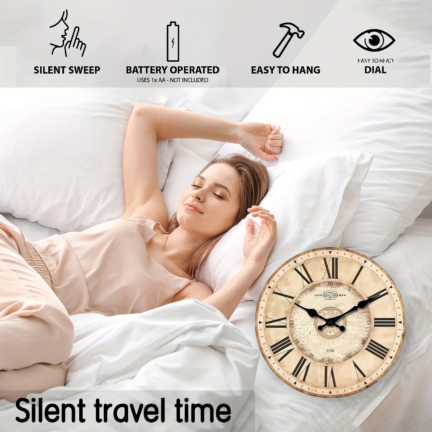 XMSJ Wooden Roman Numeral Wall Clock Analog Silent Battery Powered