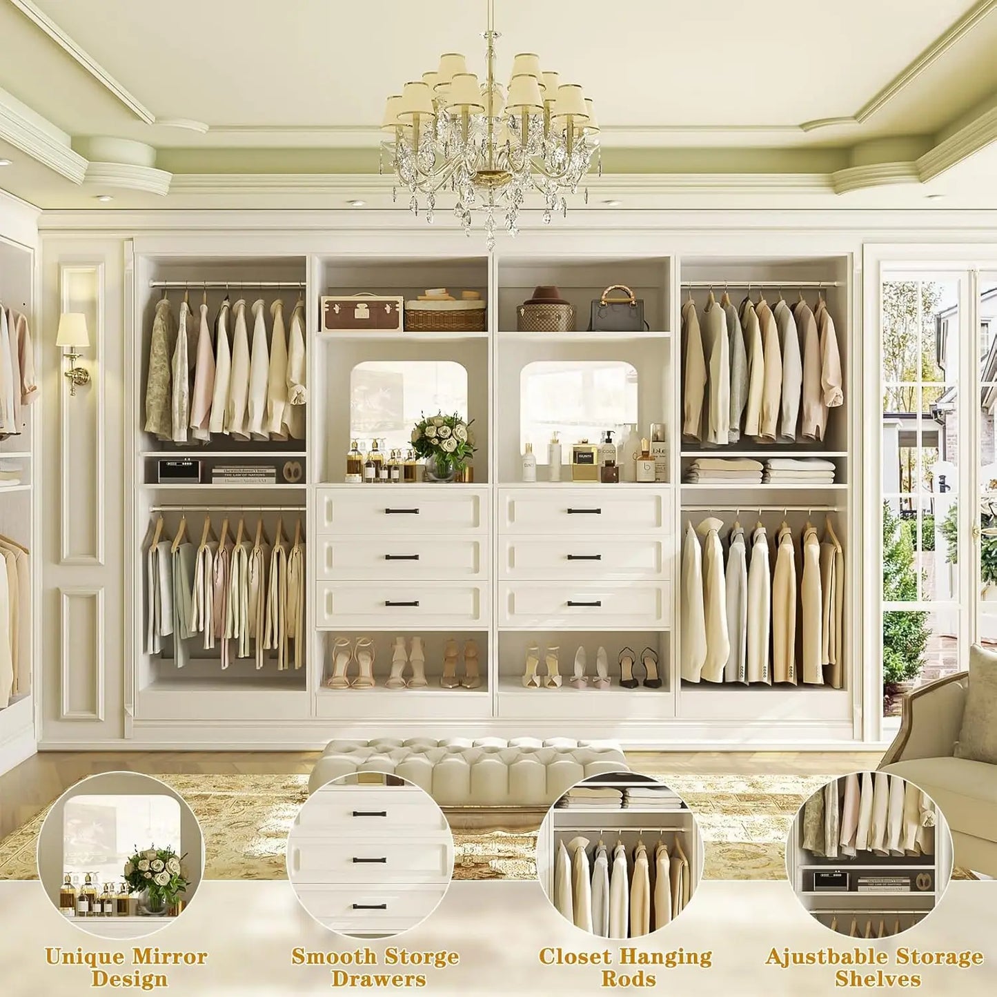 100" Wood Closet Organizer System with Drawers Mirror Adjustable Shelves Hanging Rods Freestanding Walk-in Wardrobe, Customized