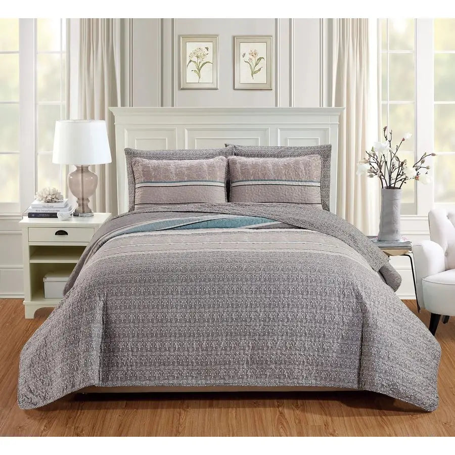 3Piece Fine Printed Oversize 100 X 95 Quilt Set Light Weight Reversible Bedspread Coverlet Queen Size Bed Cover Grey, Teal Blue