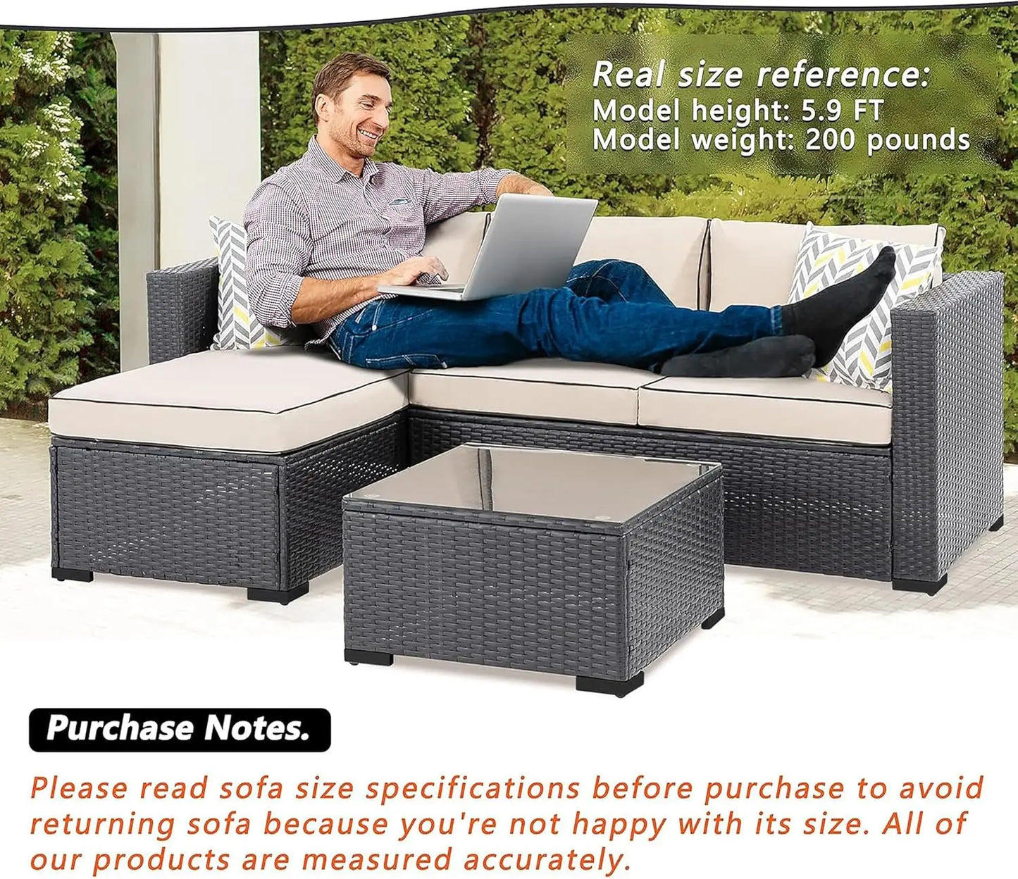 3-Piece Outdoor Sectional Furniture Set, All-Weather Rattan Couch with Washable Cushions and Glass Coffee Table