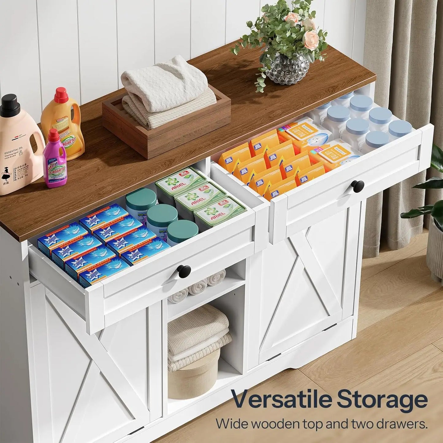 Double Tilt Out Laundry Hamper Cabinet, 23 Gallon Farmhouse Trash Can Cabinet with 2 Drawers and Open Shelving, Customized