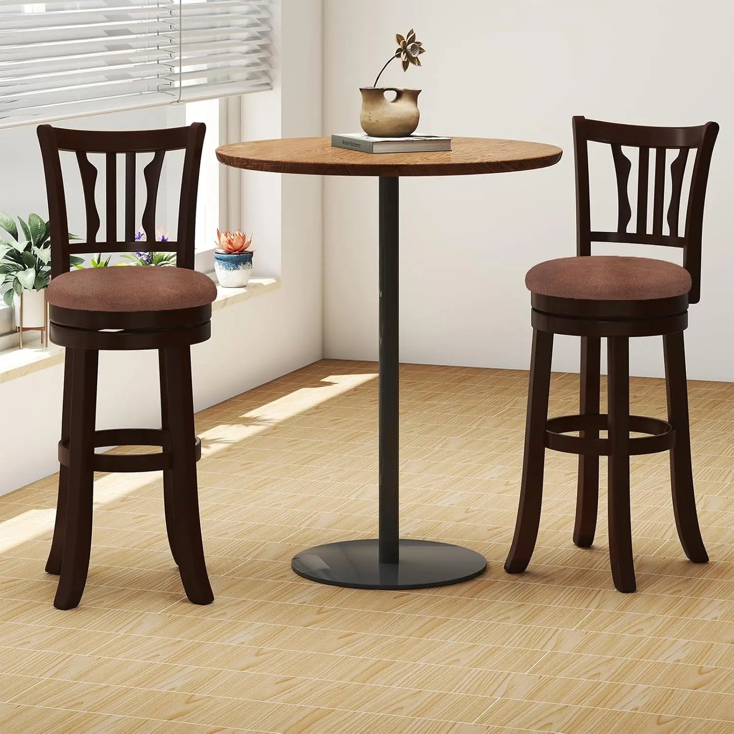 Rubberwood Swivel Bar Stools With Backrest And Faux Leather Seats