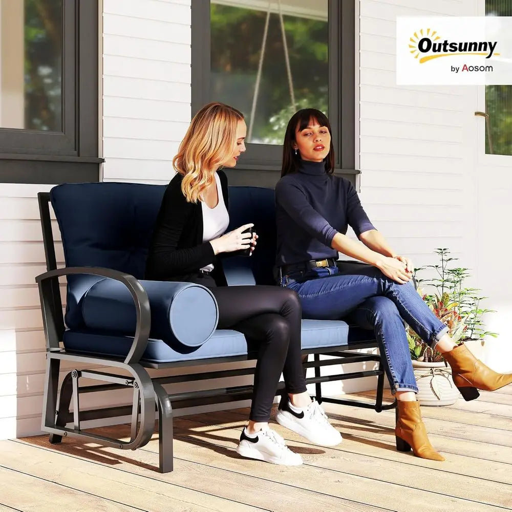 Blue Steel Frame Double Patio Swing Glider Bench, 2 Person Loveseat with Cushions and Pillowed Armrests