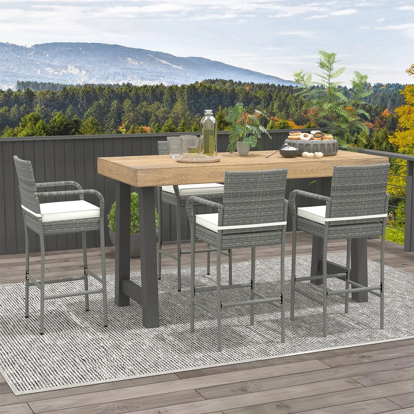 Set Of 4 Rattan Patio Bar Stools Outdoor Bar Height Chairs With Cushions