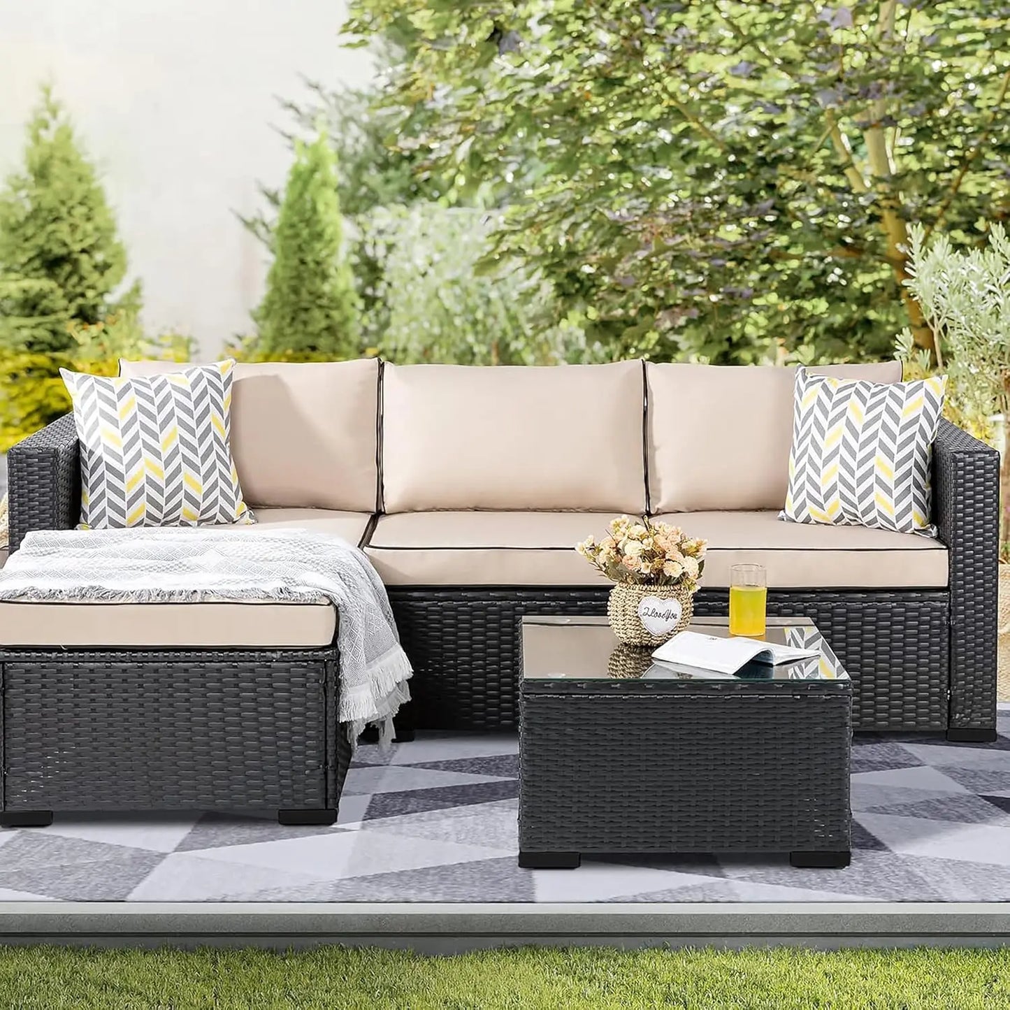 3-Piece Outdoor Sectional Furniture Set, All-Weather Rattan Couch with Washable Cushions and Glass Coffee Table