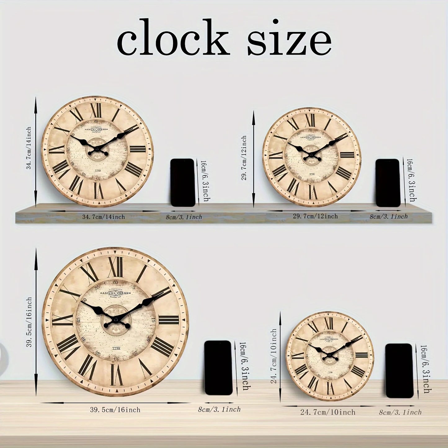 XMSJ Wooden Roman Numeral Wall Clock Analog Silent Battery Powered