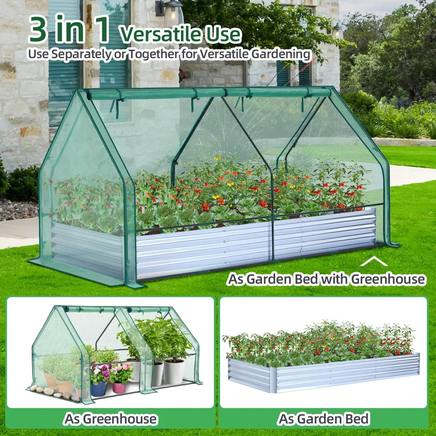 8x4ft Galvanized Raised Garden Bed with Greenhouse Cover, 4 Doors Ventilation, 3-in-1 Planter Box for Vegetables Flowers Herbs