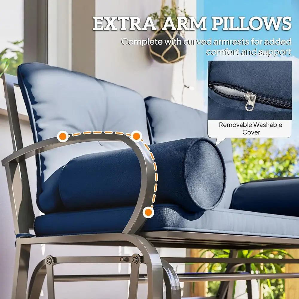 Blue Steel Frame Double Patio Swing Glider Bench, 2 Person Loveseat with Cushions and Pillowed Armrests