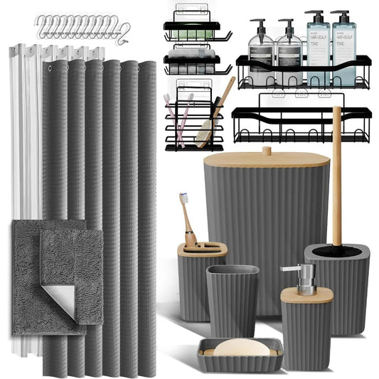 27-Piece Grey Bathroom Set with Shower Caddy, Rugs, Curtain, and Accessories for Spa-Like Decor