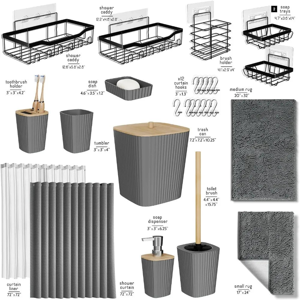 27-Piece Grey Bathroom Set with Shower Caddy, Rugs, Curtain, and Accessories for Spa-Like Decor