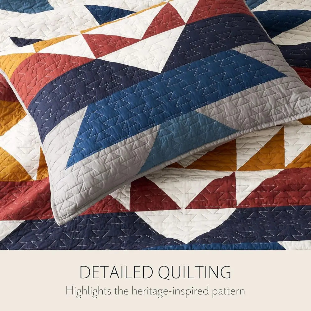 Cotton Lightweight Quilted Coverlet Set with 2 Shams, 110x96 inches, Blue Grey Multicolor, Washable Rustic Decor