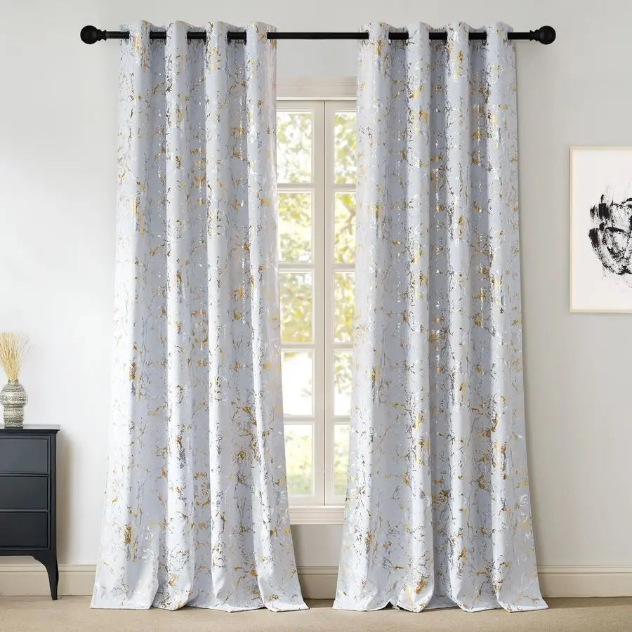 100 Blackout Gold Silver Foil Marble Print White Base Curtains for Living Room Bedroom 84 Inches Long Modern Room Darkening Soun