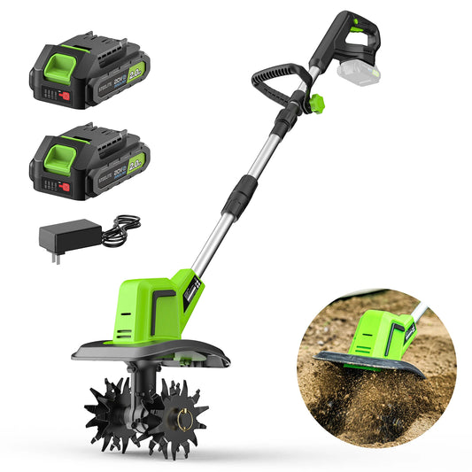 Deli Steelite 21V Cordless Tiller, 9-Inch Electric Garden Cultivator with Battery & Charger, Lightweight