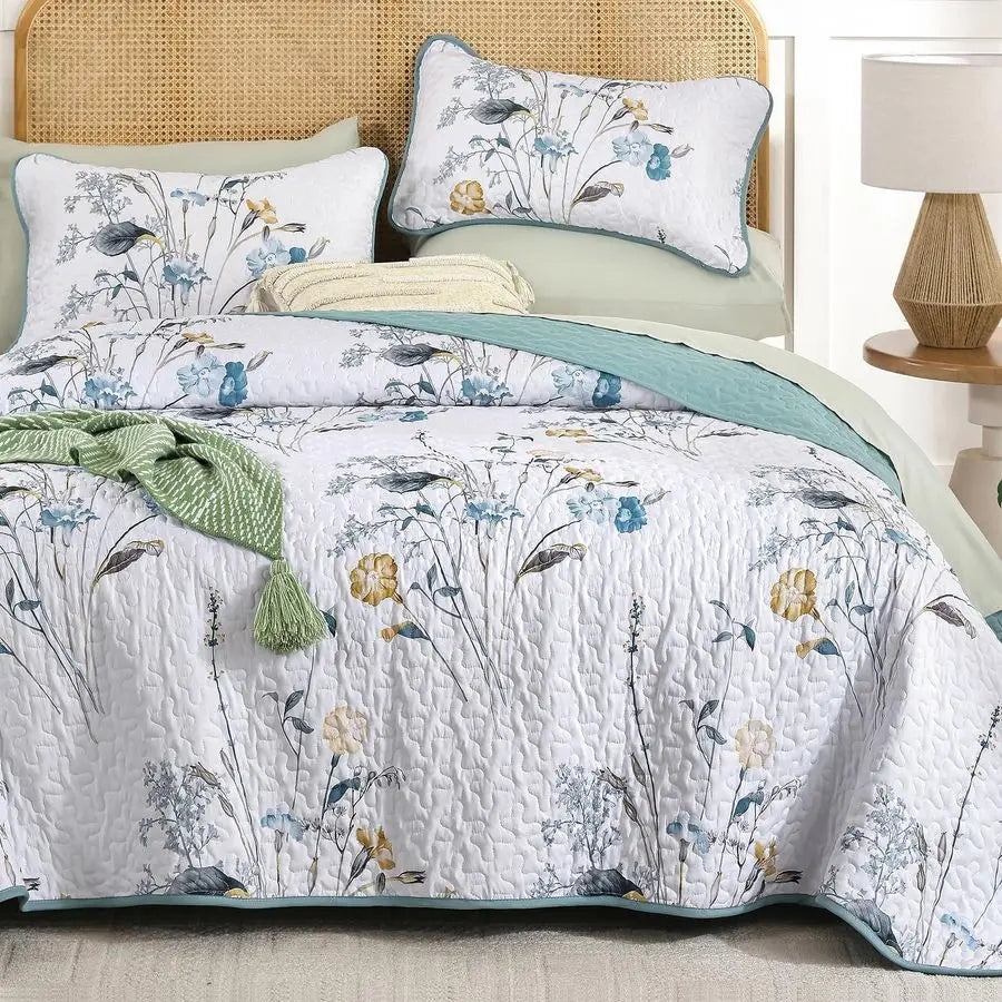 Teal Floral Quilt Set King Size, 3 Pieces Botanical Plants Pattern Bedspread Coverlet Set with 2 Pillowcases, Soft Lightweight M