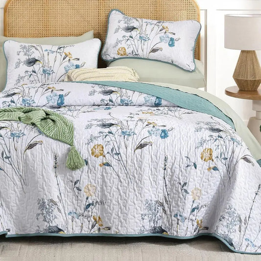 Teal Floral Quilt Set King Size, 3 Pieces Botanical Plants Pattern Bedspread Coverlet Set with 2 Pillowcases, Soft Lightweight M