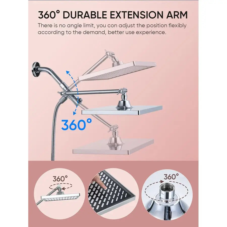 11.8 Inch Rain Shower Head with 6 Modes Handheld Water SprayHigh Pressure Showerhead Combo with 11 Inch Adjustable Extension Arm