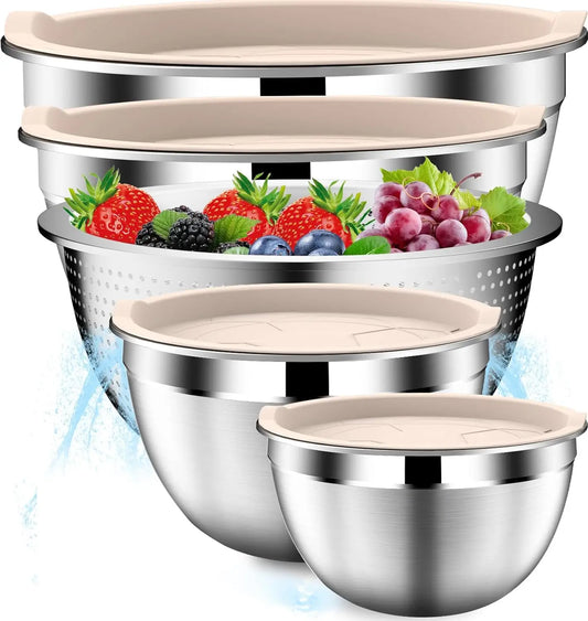 Stainless Steel Mixing Bowls with Lids, Stackable Set Includes Strainer, 5-Piece Beige Kitchenware