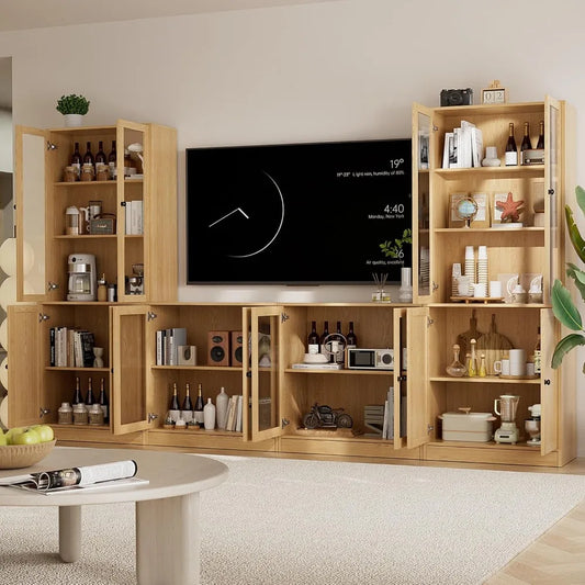 4-Piece Large TV Stand with Bookshelves for TVs up to 75, TV Entertainment Center Media Center with Tempered Glass Doors.