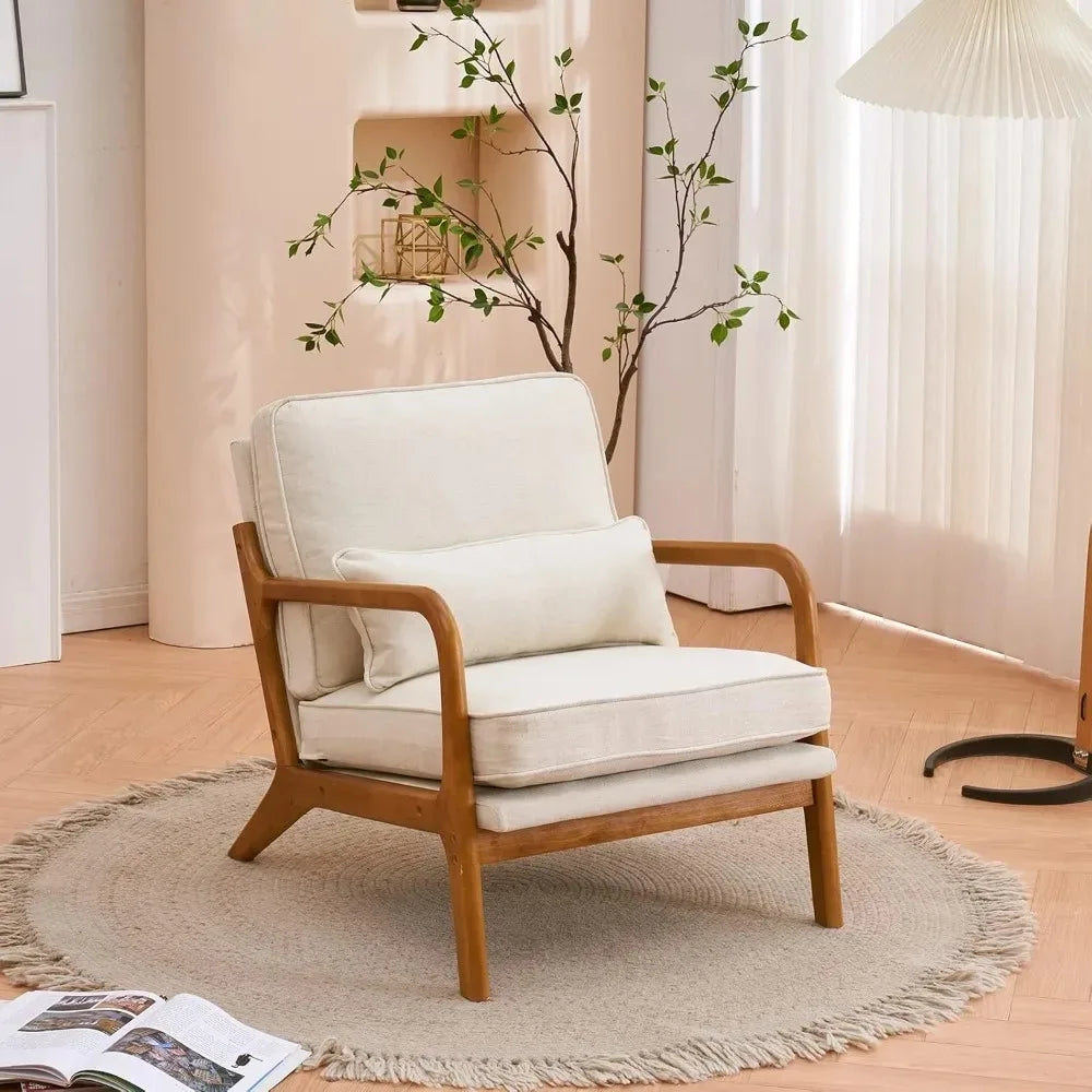 Mid-Century Modern Accent Chair, Living Room Chairs with Pillow Corduroy Upholstered Lounge Armchair with Solid Wood Frame