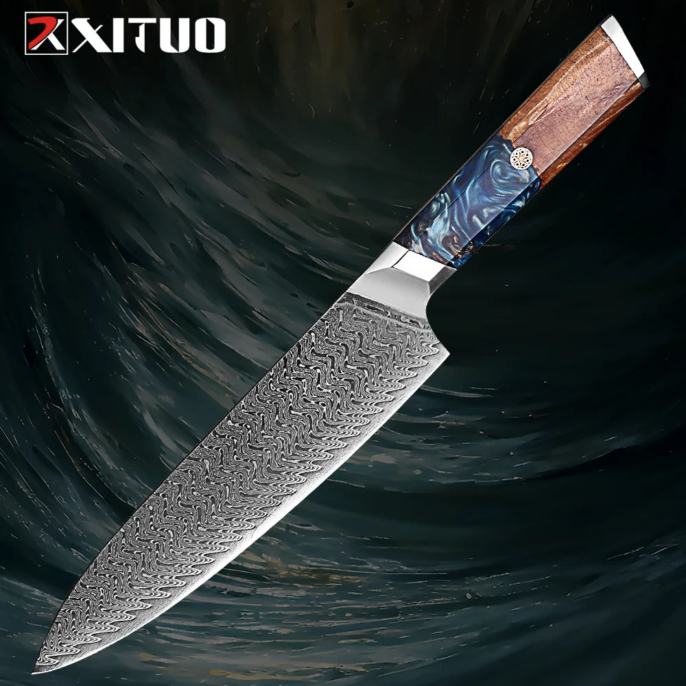 1-9 Pcs Damascus Knife Set Japanese Kitchen Knives VG10 Steel Core Ultra-Sharp Pro Chef Knife Set with Resin & Burl Wood Handles