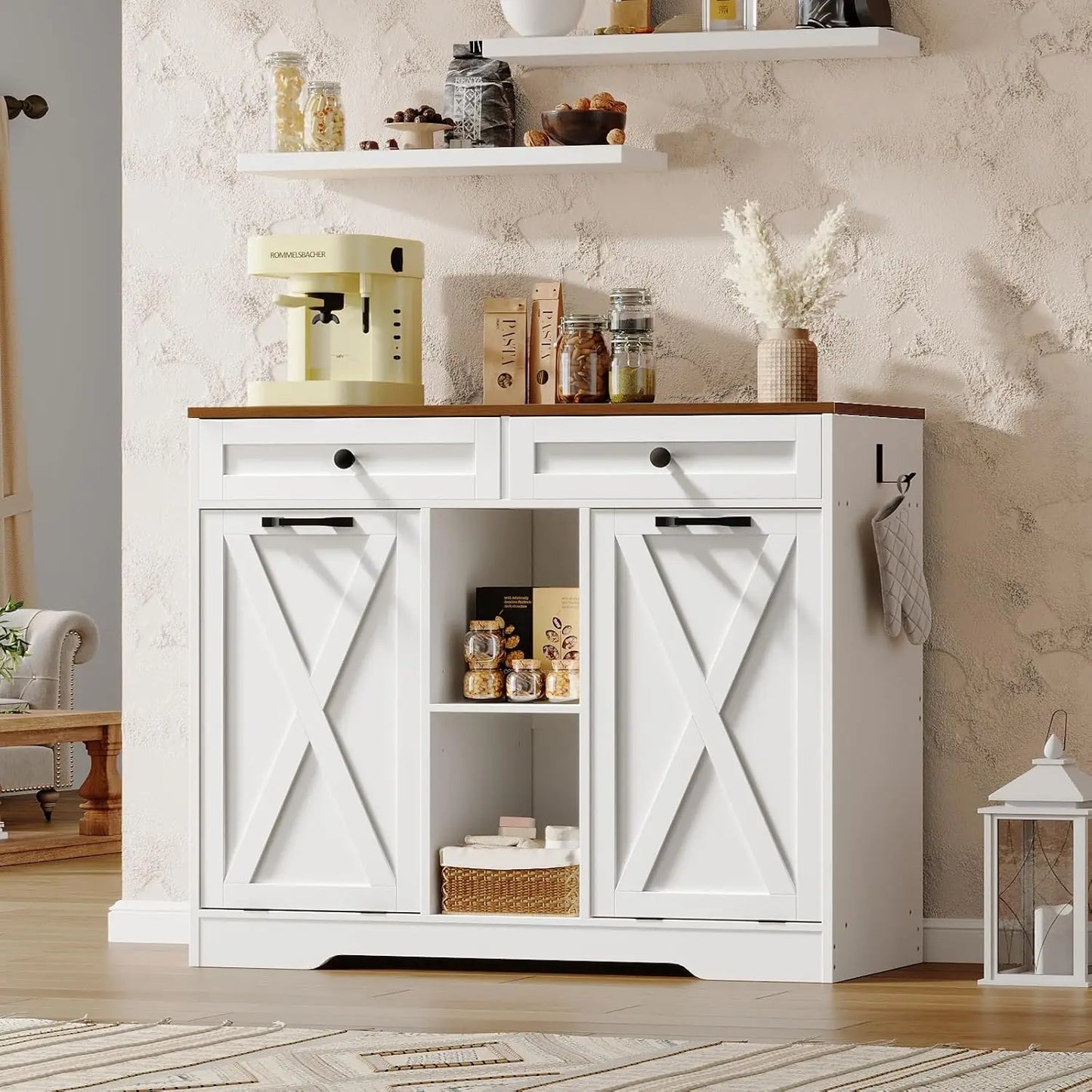 Double Tilt Out Laundry Hamper Cabinet, 23 Gallon Farmhouse Trash Can Cabinet with 2 Drawers and Open Shelving, Customized