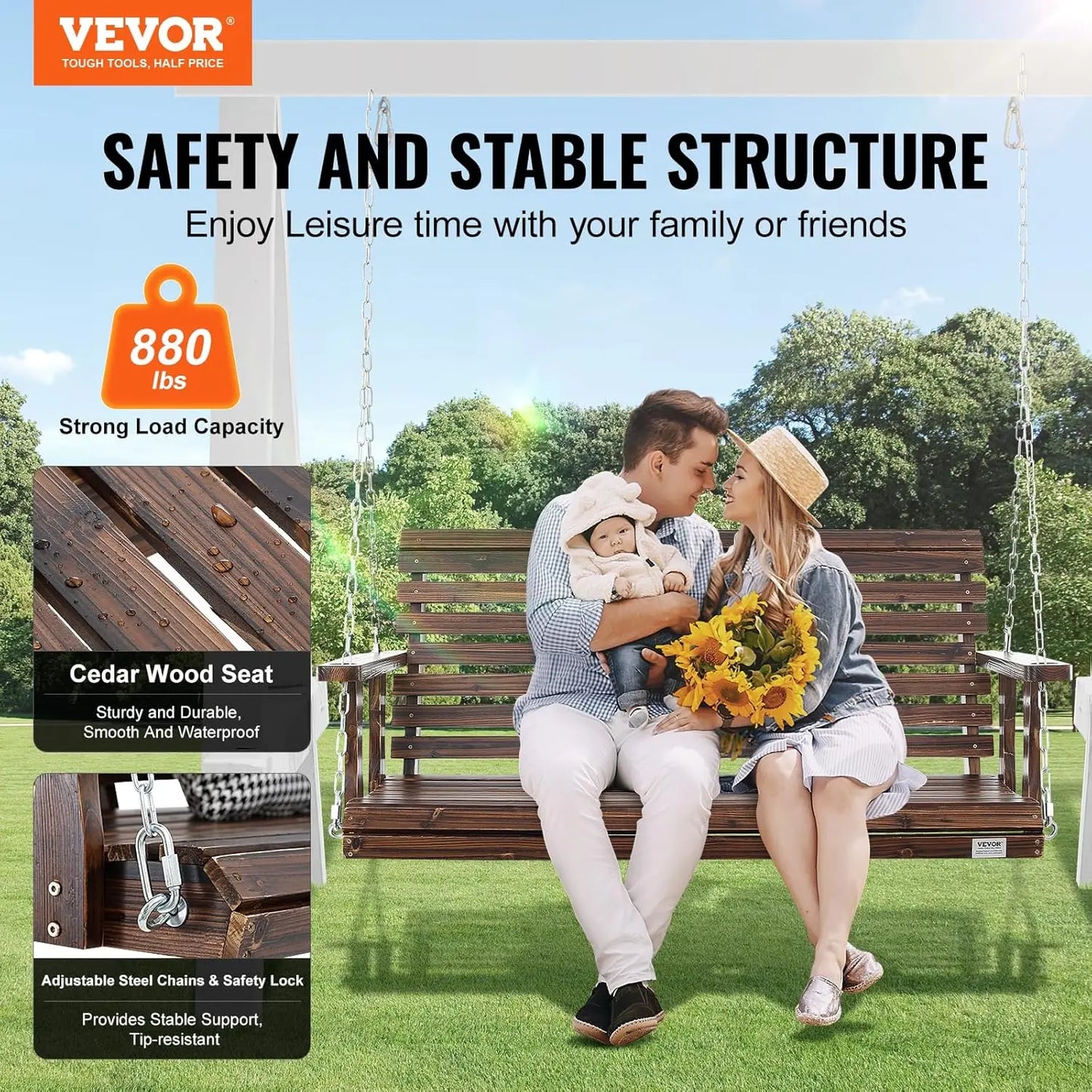 Outdoor Wooden Porch Swing Heavy Duty 880lb Capacity