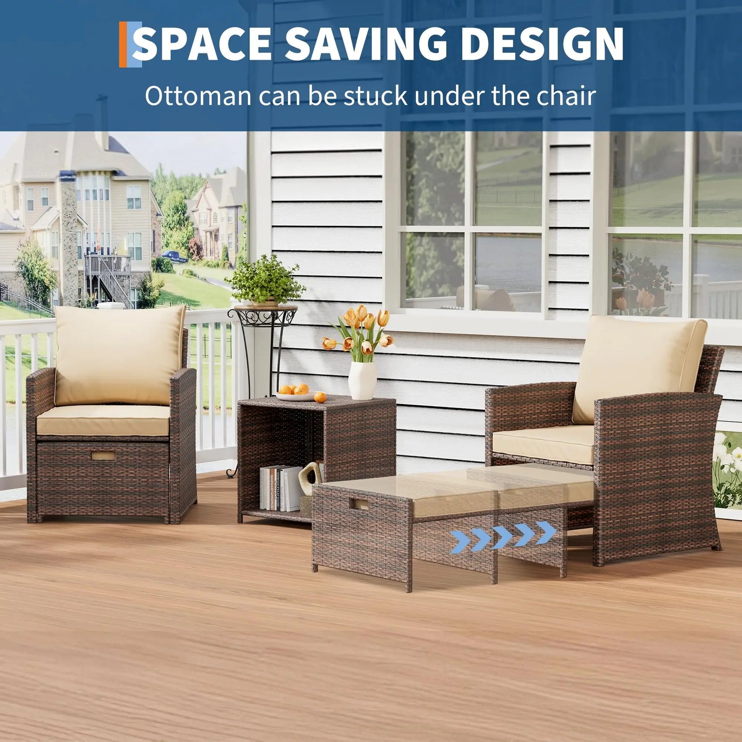 HiMISS All-Weather PE Rattan Patio Set With Two Ottomans