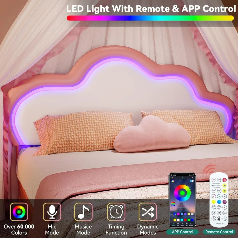 LED Light Upholstered Bed Frame With Adjustable PU Leather Headboard
