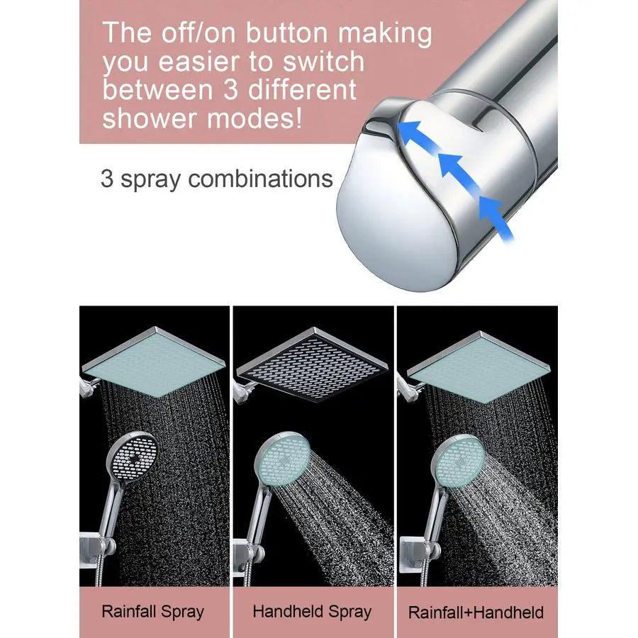 11.8 Inch Rain Shower Head with 6 Modes Handheld Water SprayHigh Pressure Showerhead Combo with 11 Inch Adjustable Extension Arm