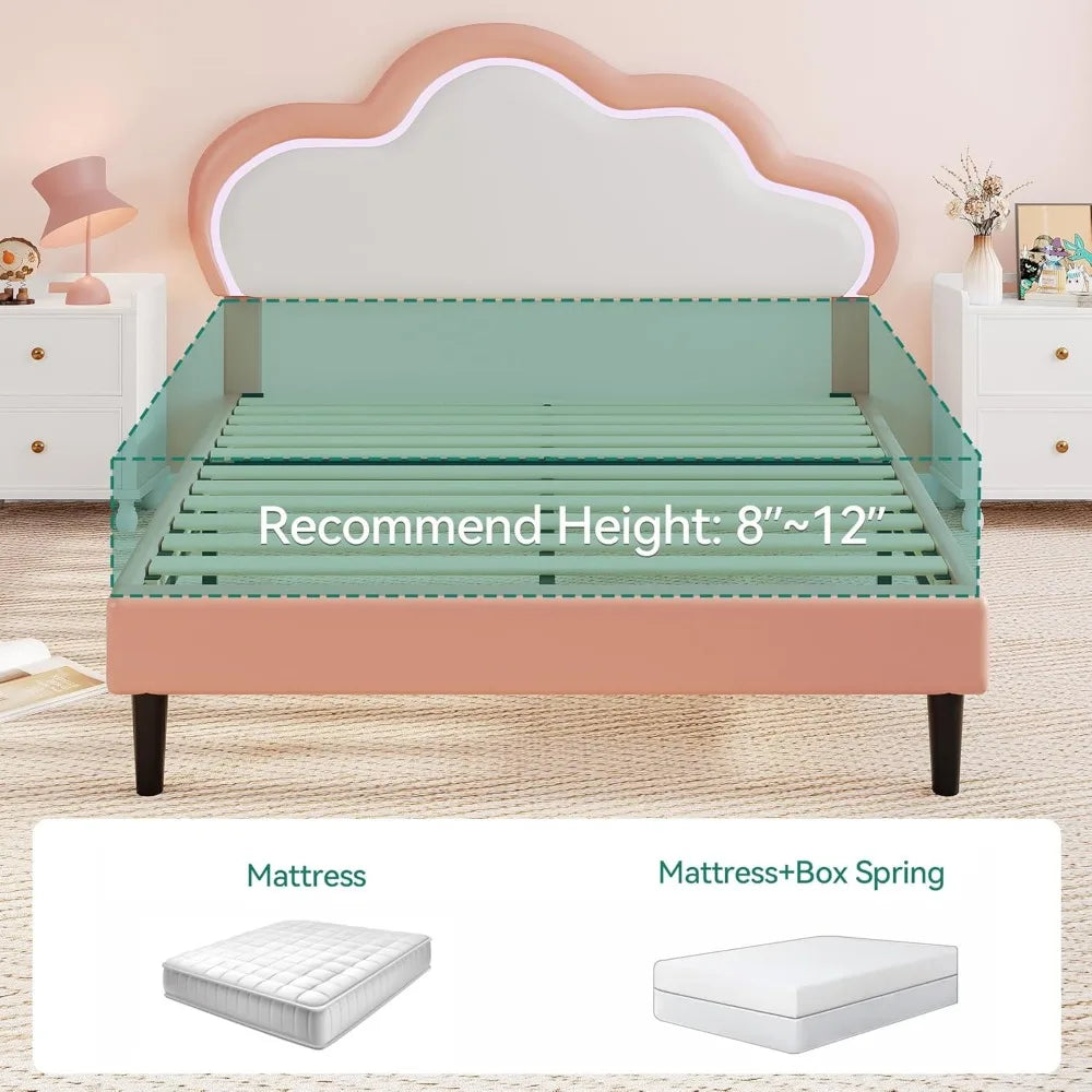 LED Light Upholstered Bed Frame With Adjustable PU Leather Headboard